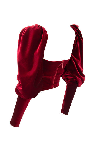Helviora - Wine Red Velvet Corset with Long Puff Sleeves