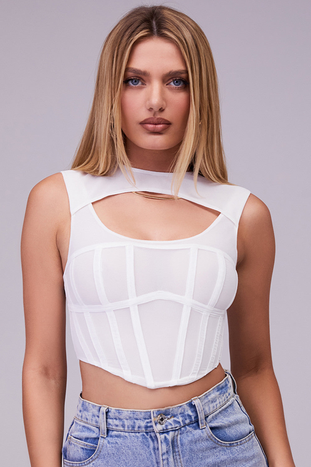 Helisara - White Mesh Cut-Out Corset Top