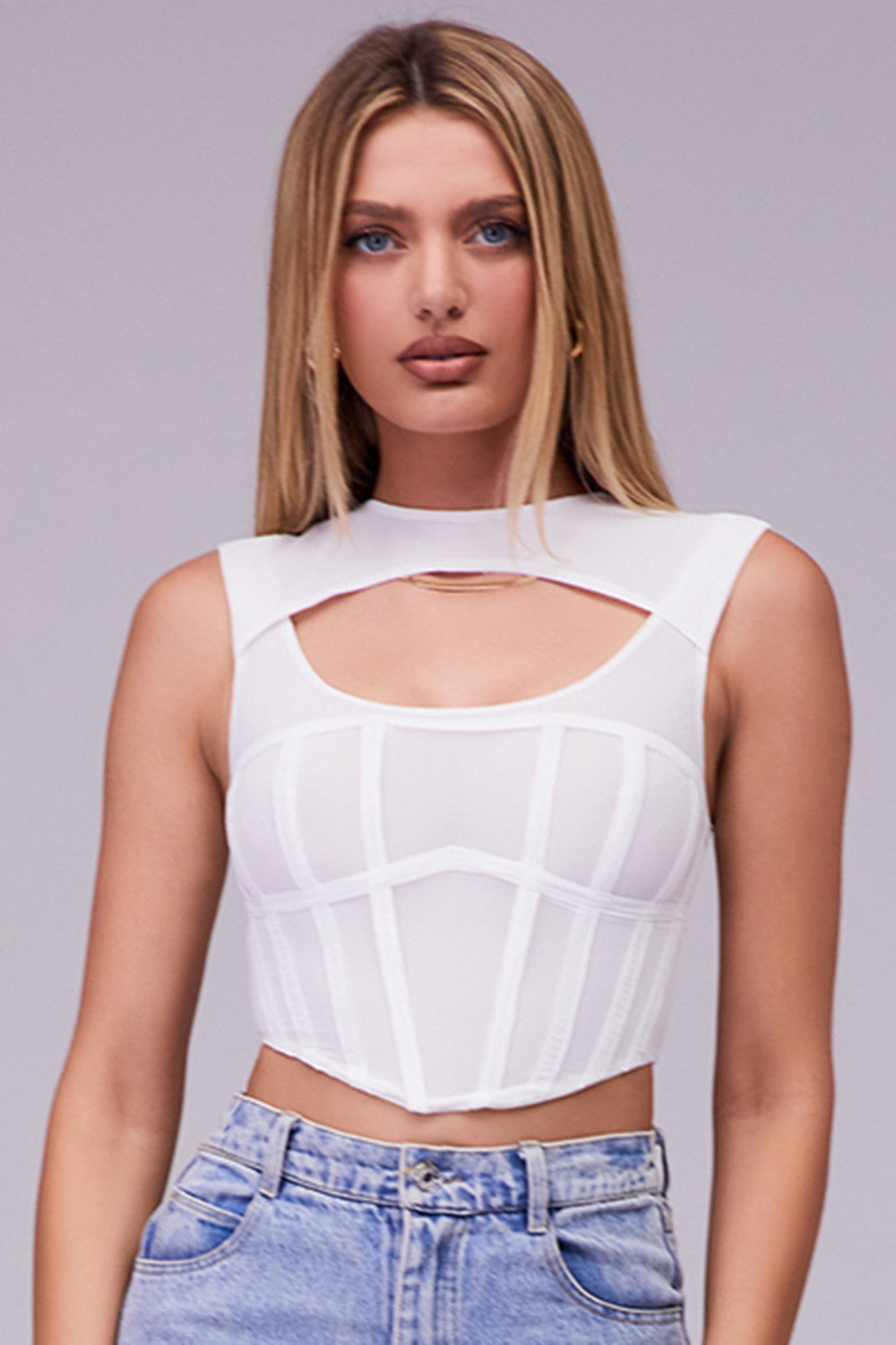 Helisara - White Mesh Cut-Out Corset Top