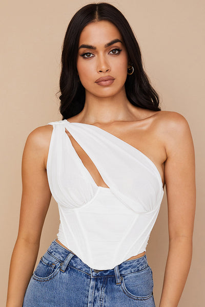 Havienna - White Asymmetric Top with Mesh and Cutout