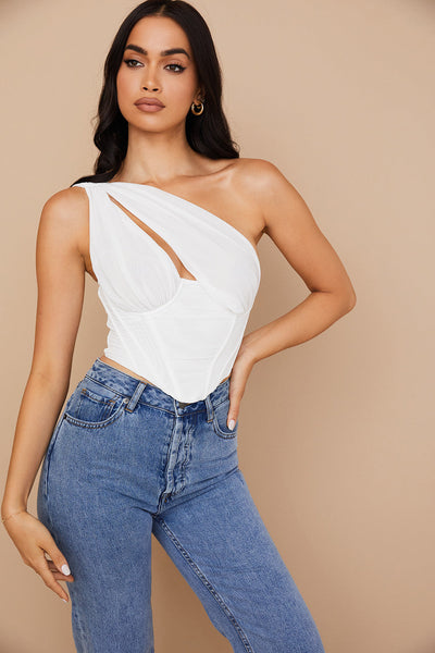 Havienna - White Asymmetric Top with Mesh and Cutout