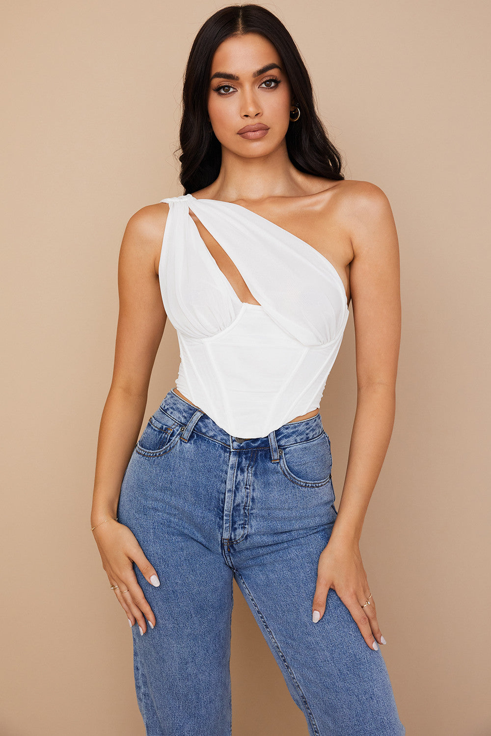Havienna - White Asymmetric Top with Mesh and Cutout