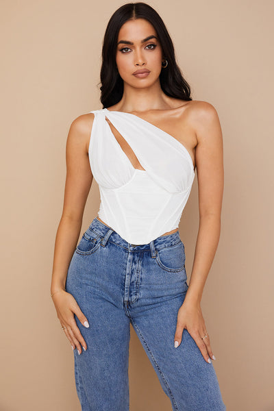 Havienna - White Asymmetric Top with Mesh and Cutout