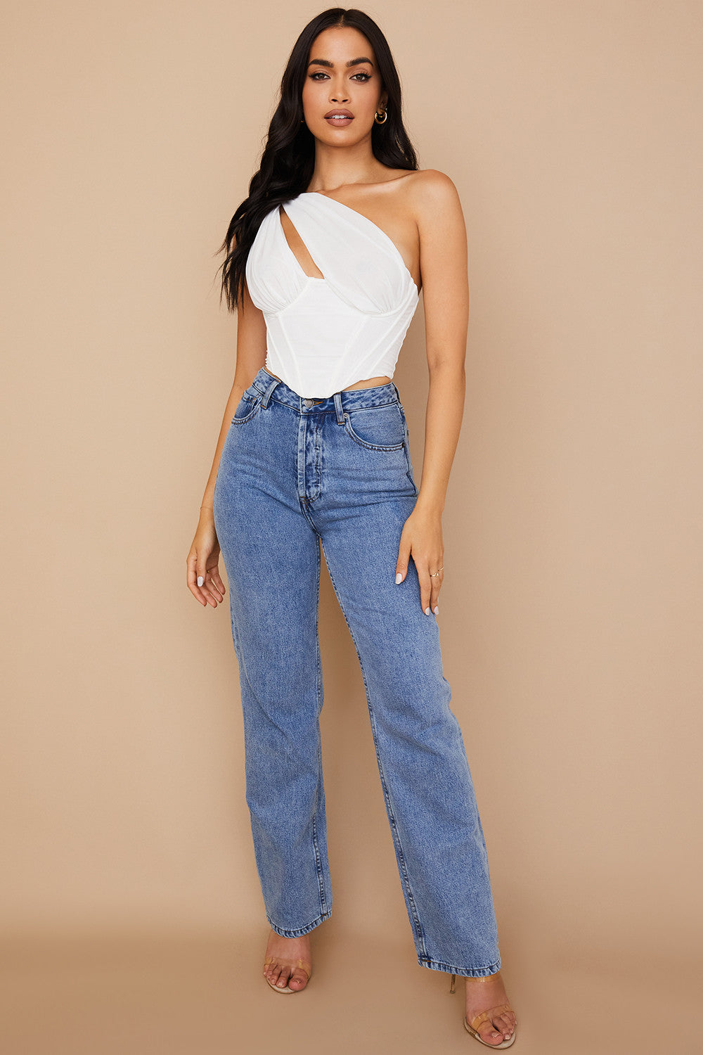 Havienna - White Asymmetric Top with Mesh and Cutout