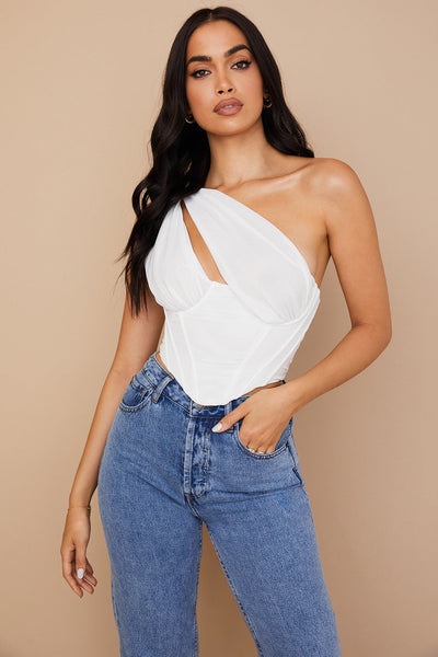 Havienna - White Asymmetric Top with Mesh and Cutout