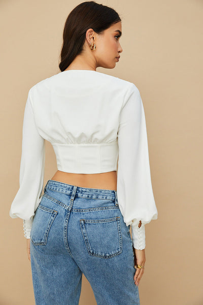 Havindra - White Cropped Top with Deep Neck and Lace Detail