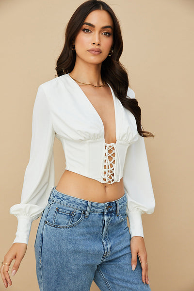 Havindra - White Cropped Top with Deep Neck and Lace Detail