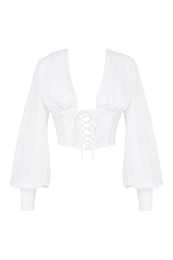 Havindra - White Cropped Top with Deep Neck and Lace Detail