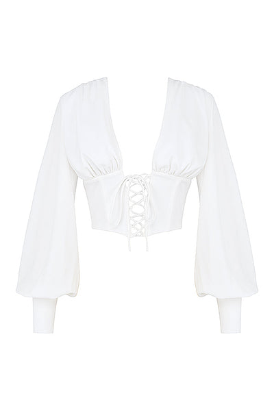 Havindra - White Cropped Top with Deep Neck and Lace Detail