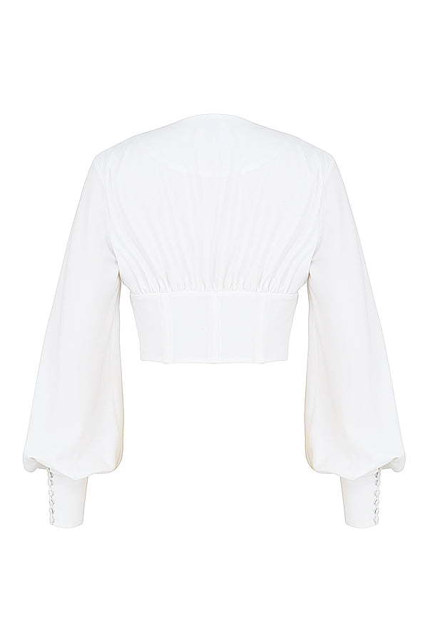 Havindra - White Cropped Top with Deep Neck and Lace Detail