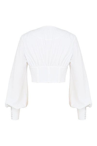 Havindra - White Cropped Top with Deep Neck and Lace Detail