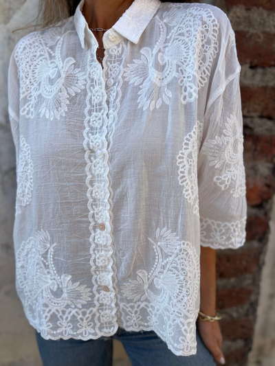 Dames Blouse - Katoen - Borduurwerk - Knoopsluiting - 3/4 Mouwen