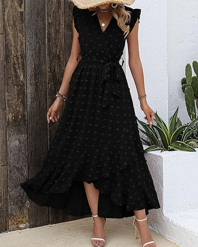 Maxi-jurk met structuurstof en ruches – Elegante zomerjurk met V-hals en strikceintuur