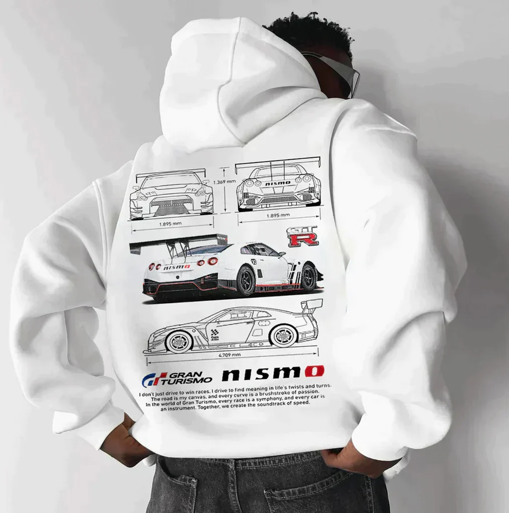 Hoodie with sports car print – Back design with typography and sleeve print 