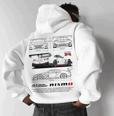 Hoodie with sports car print – Back design with typography and sleeve print 