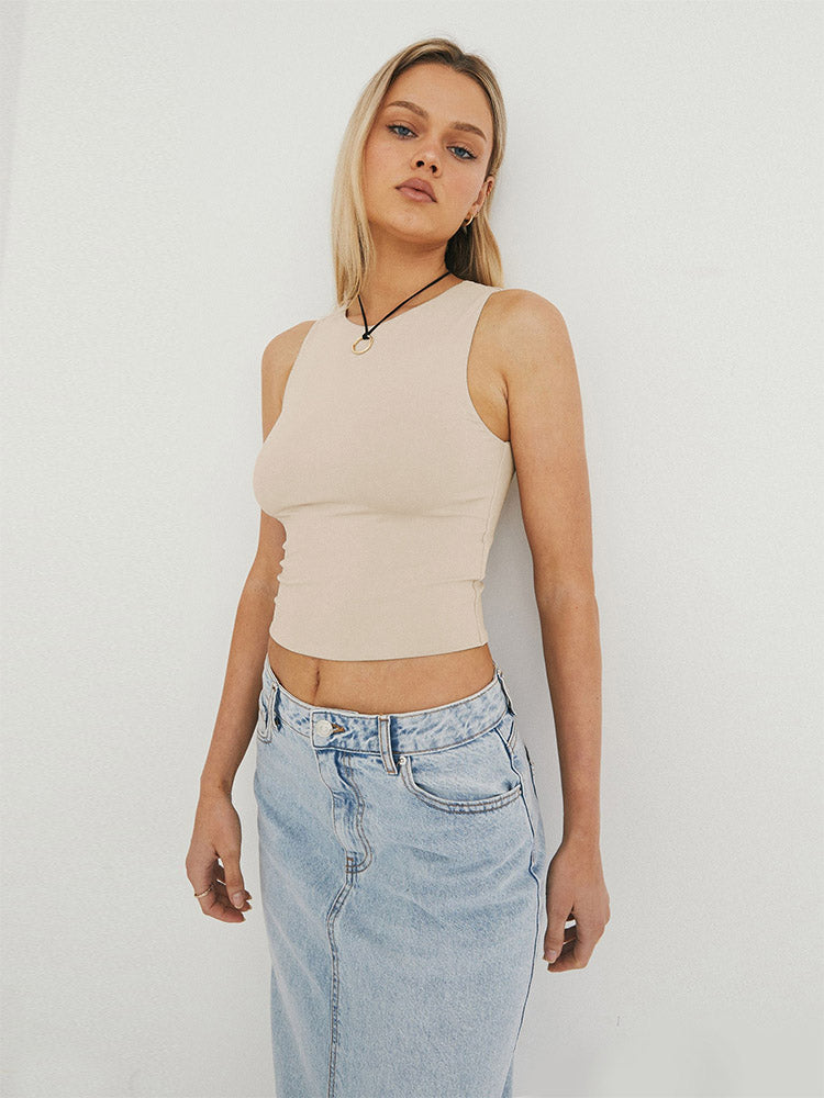Zayda | Basic Mouwloze Crop Top met Strakke Pasvorm