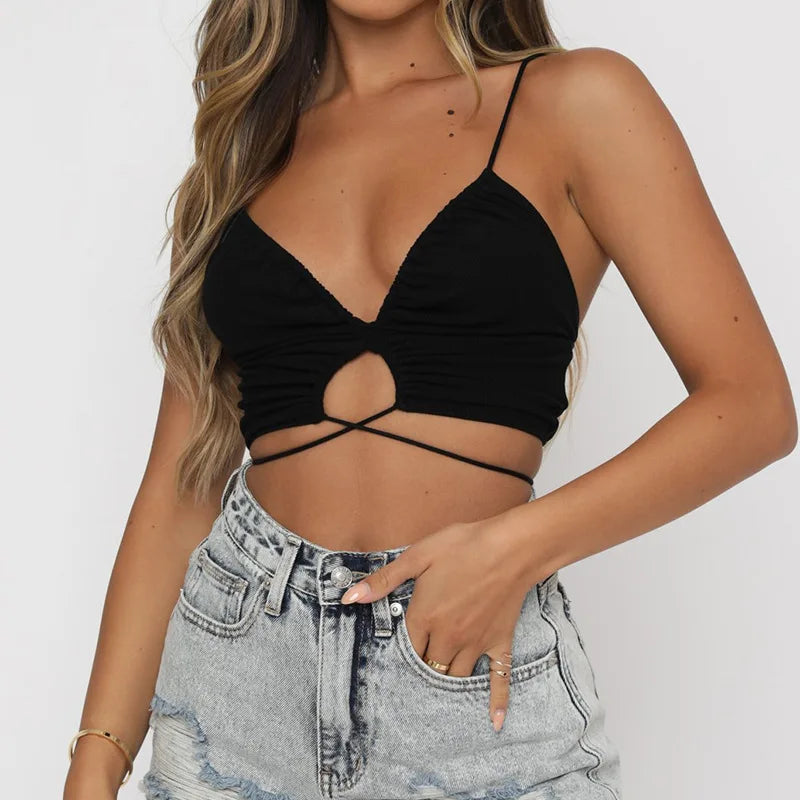 Havienna - Black Cut-Out Crop Top with Bow Details
