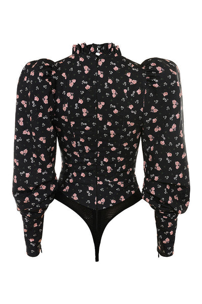 Havina - Black Floral Top with Cut-Out and High Neck