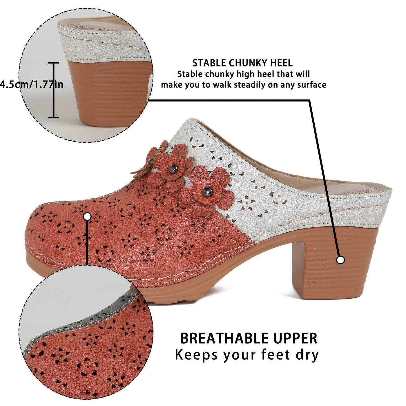 Luna | Breathable high heel mules with floral decor