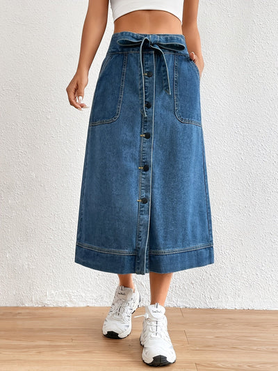 Anna | Effen denim midi rok met strikceintuur
