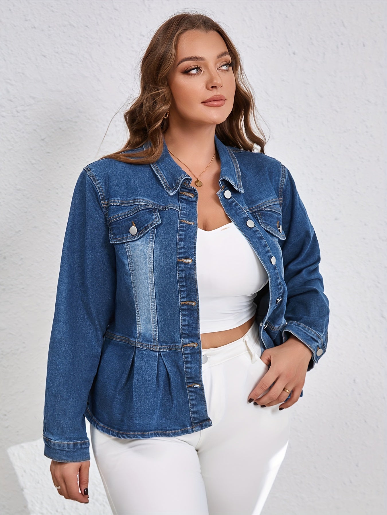 Lotte | Plus-size denim jacket with ruffles and long sleeves in washed blue