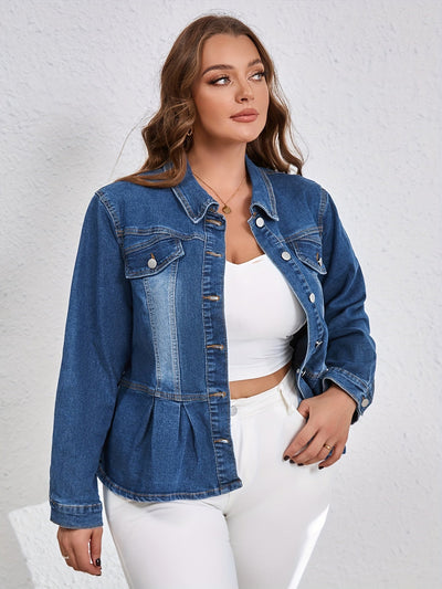 Lotte | Plus-size denim jacket with ruffles and long sleeves in washed blue