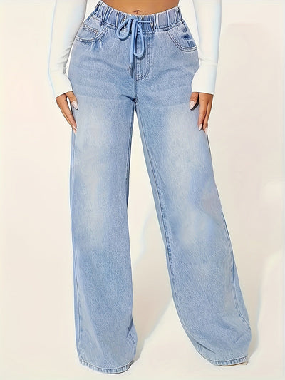 Elise | Plain washed blue casual jeans with elastic waist