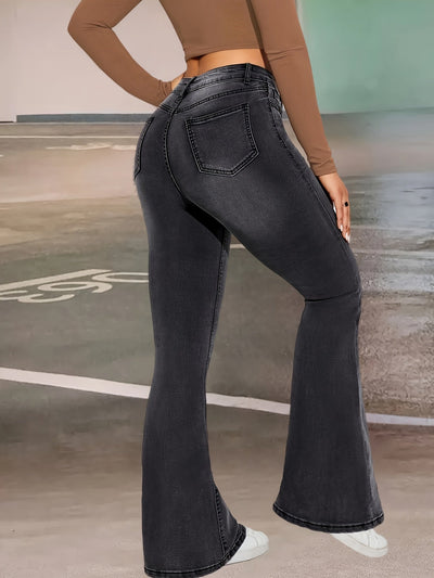 Elise | Stylish black and gray stretch flared jeans with a button detail