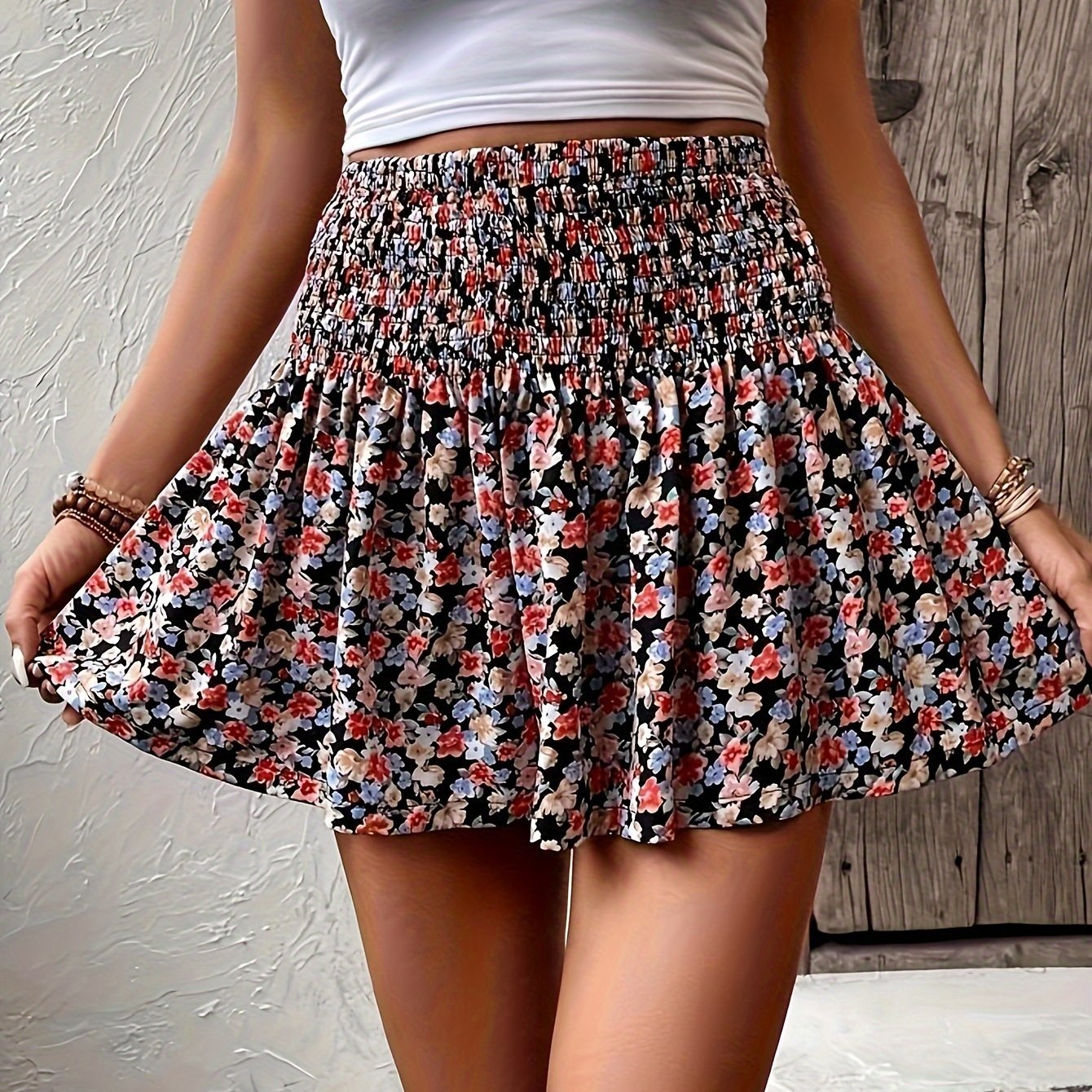 Nina | Casual bloemenprint minirok met gerimpelde taille