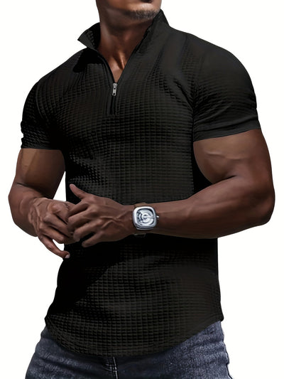 Luuk | Plain checked knitted summer sweater with a standing collar and short sleeves