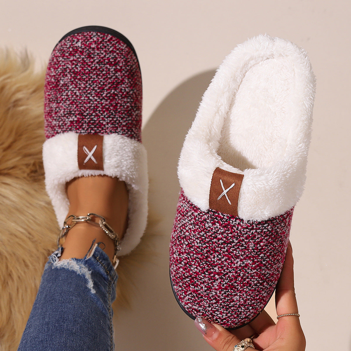 Thick plush slippers with open heel