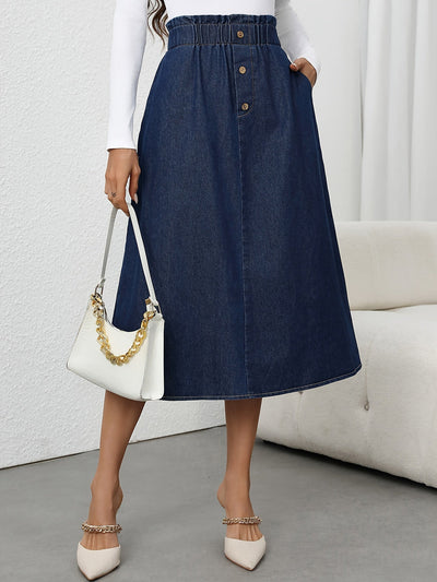 Fleur | High-waisted denim A-line midi skirt with button closure