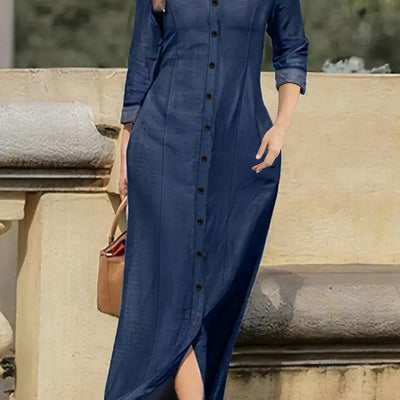 Feline | Donker gewassen blauwe maxi denim jurk