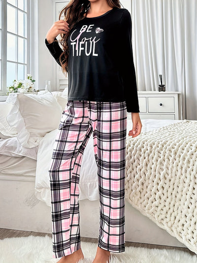 Sophie | Geruite pyjama set met lange mouwen en elastische broek