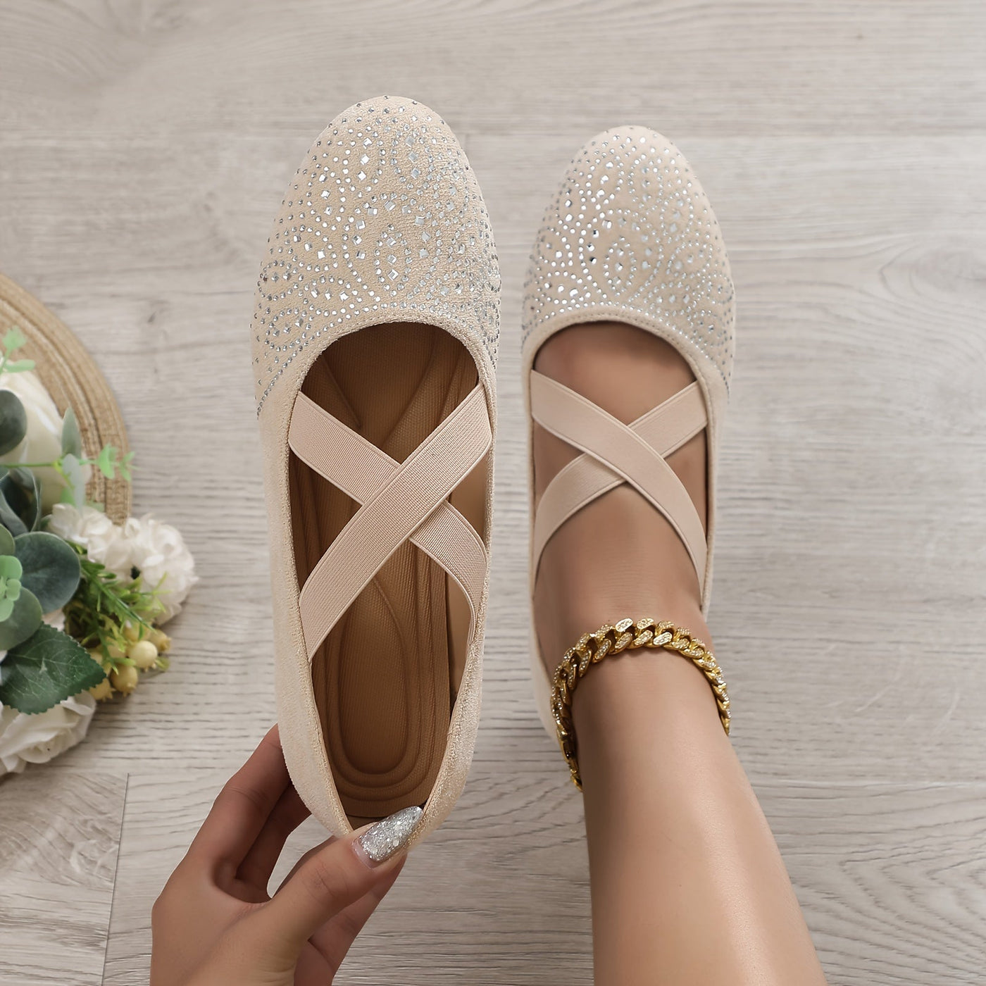 Elise | Rhinestone decor ballet flats with elastic cross strap