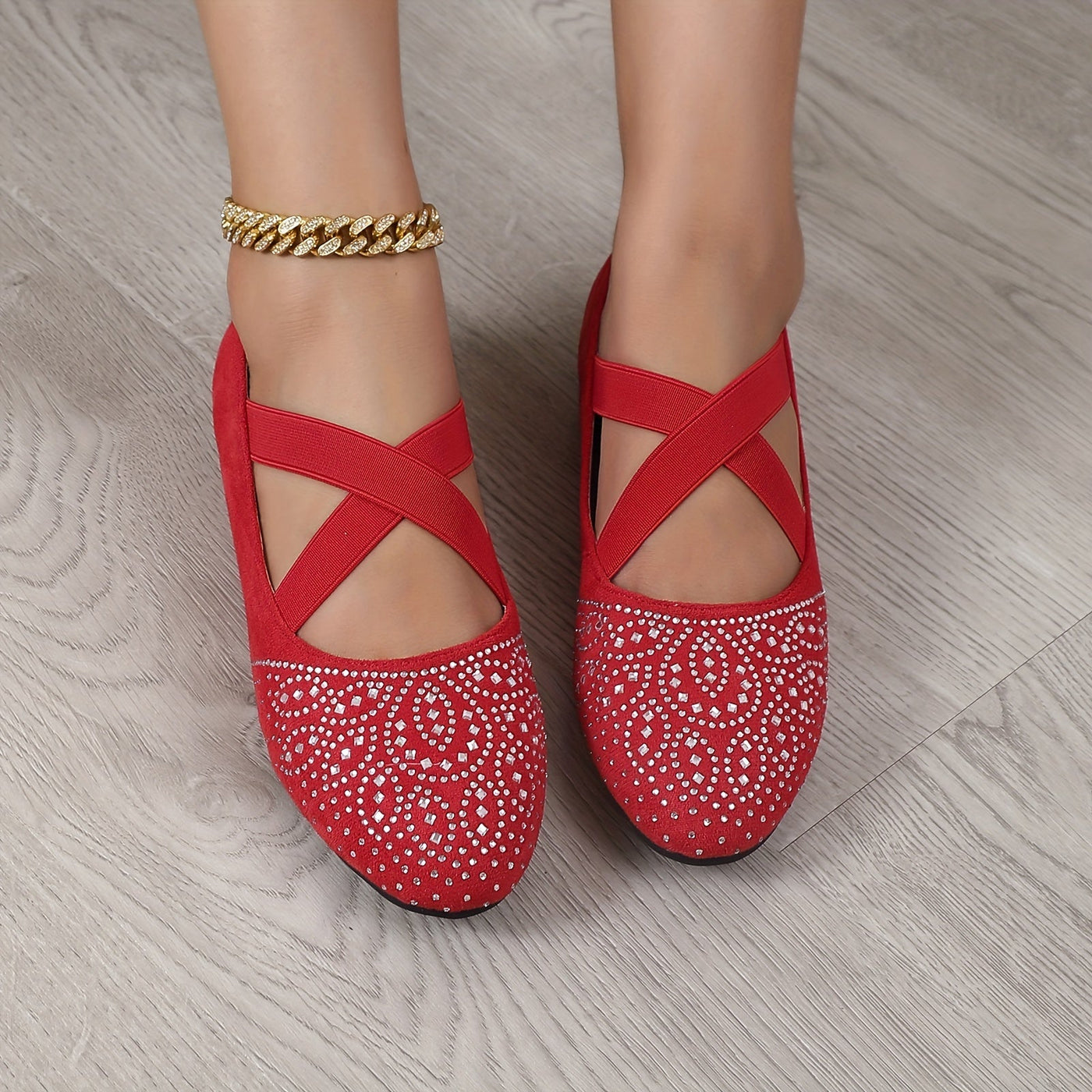 Elise | Rhinestone decor ballet flats with elastic cross strap