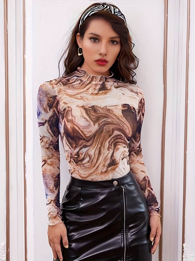 Fenne | Mesh top met lange mouwen in marmer print