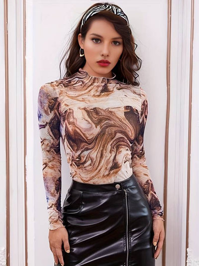 Fenne | Mesh top met lange mouwen in marmer print