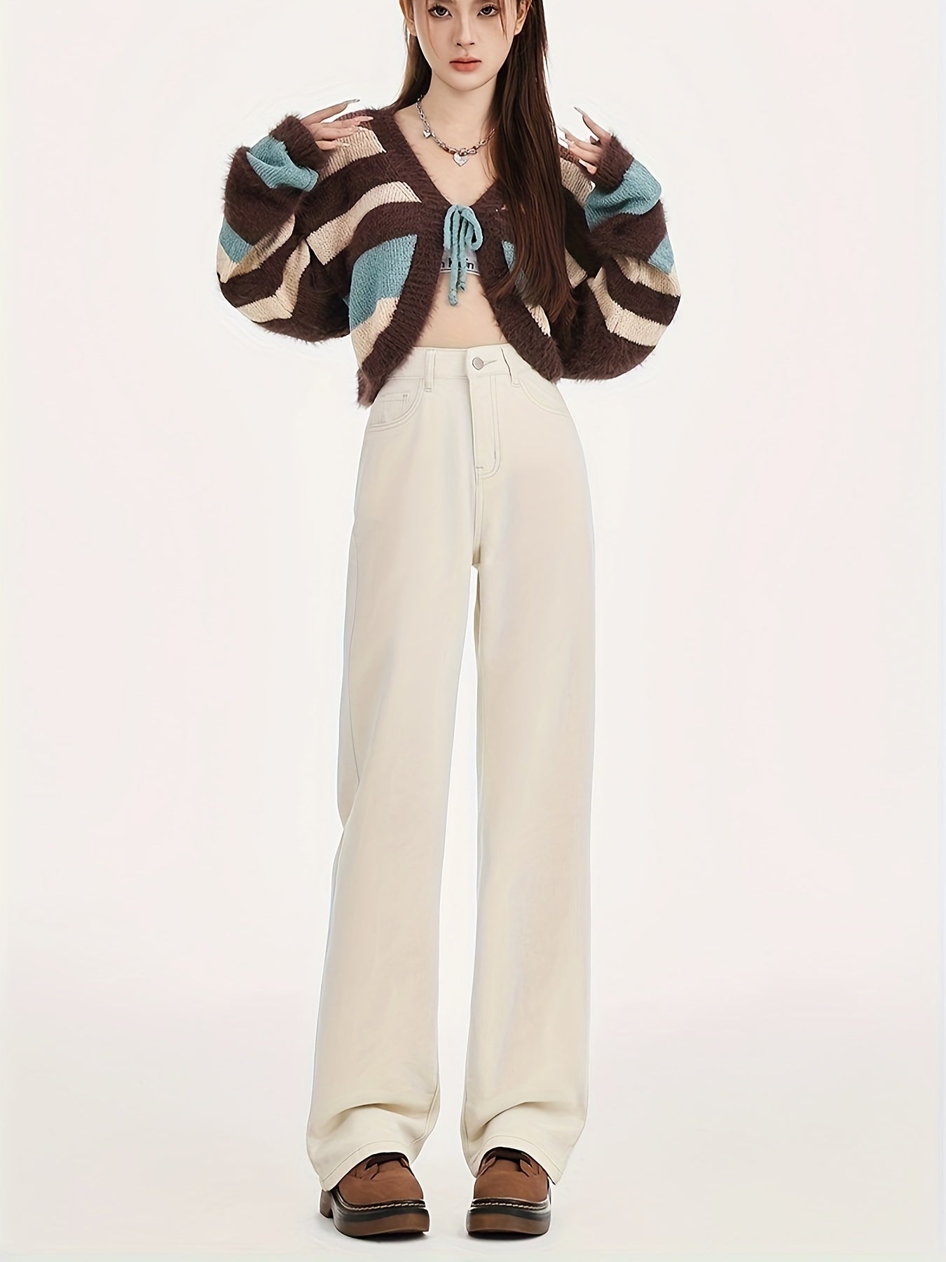 Lotte | Elegant high-waisted ivory wide-leg jeans