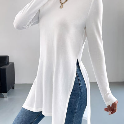 Nina | Stijlvol effen kleur t-shirt met lange mouw en zijsplit