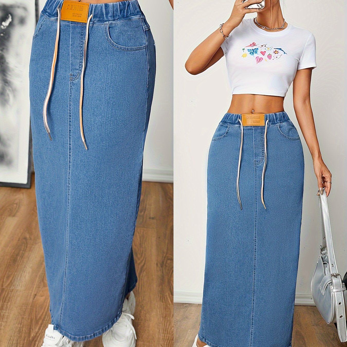 Anna | Gewassen blauwe casual maxi denim rok met elastische taille en split achterzoom