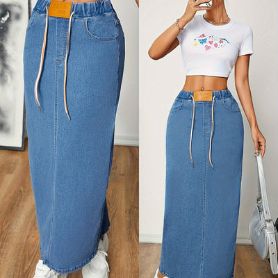Anna | Gewassen blauwe casual maxi denim rok met elastische taille en split achterzoom