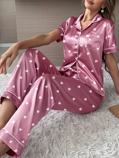 Lotte | Satin pajama set with short sleeves and elastic pants