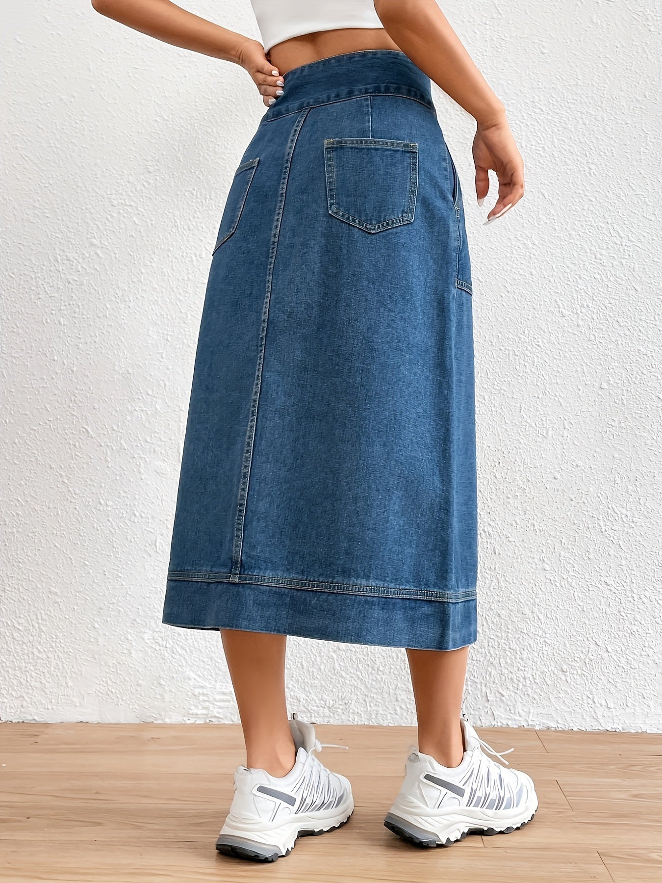 Anna | Effen denim midi rok met strikceintuur
