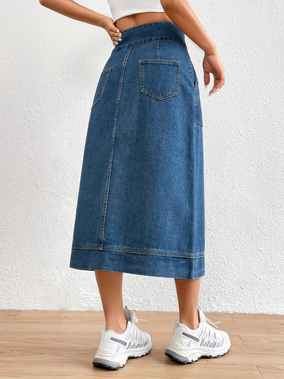 Anna | Effen denim midi rok met strikceintuur