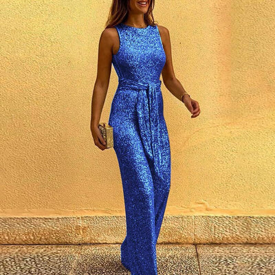 Amélie – Mouwloze Glitter Jumpsuit met Ceintuur