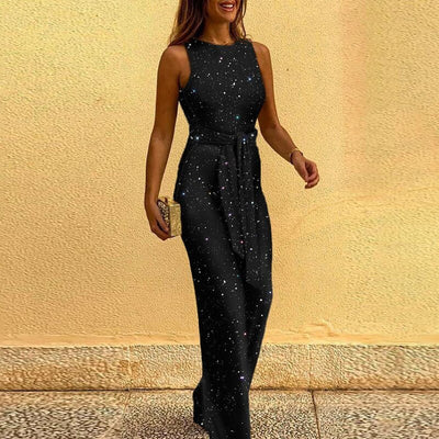 Amélie – Mouwloze Glitter Jumpsuit met Ceintuur