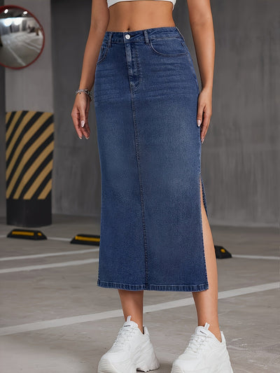 Nina | Blauwe denim midi-rok met hoge taille en schuine zakken