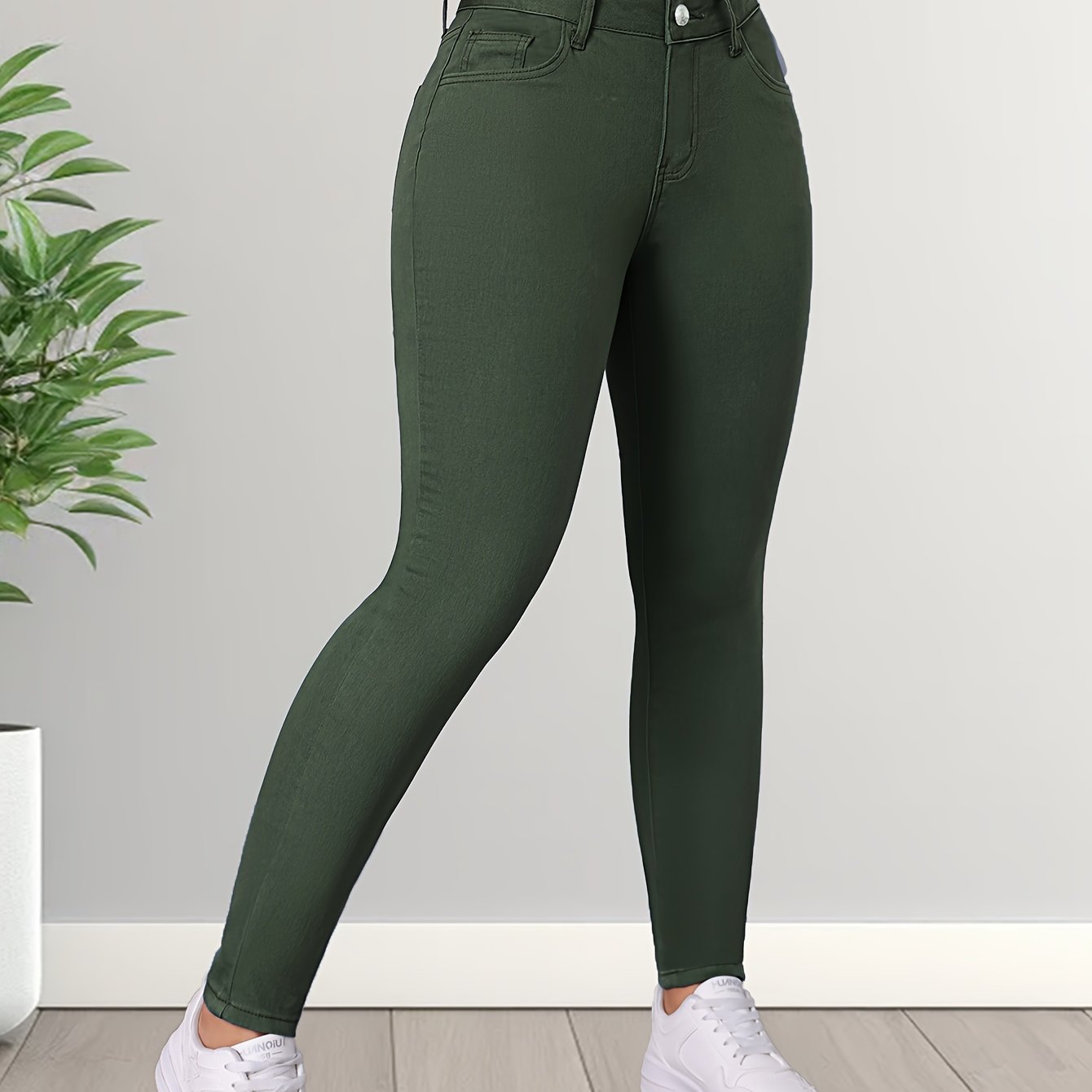 Feline | Elegante legergroene stretch skinny jeans met hoge taille