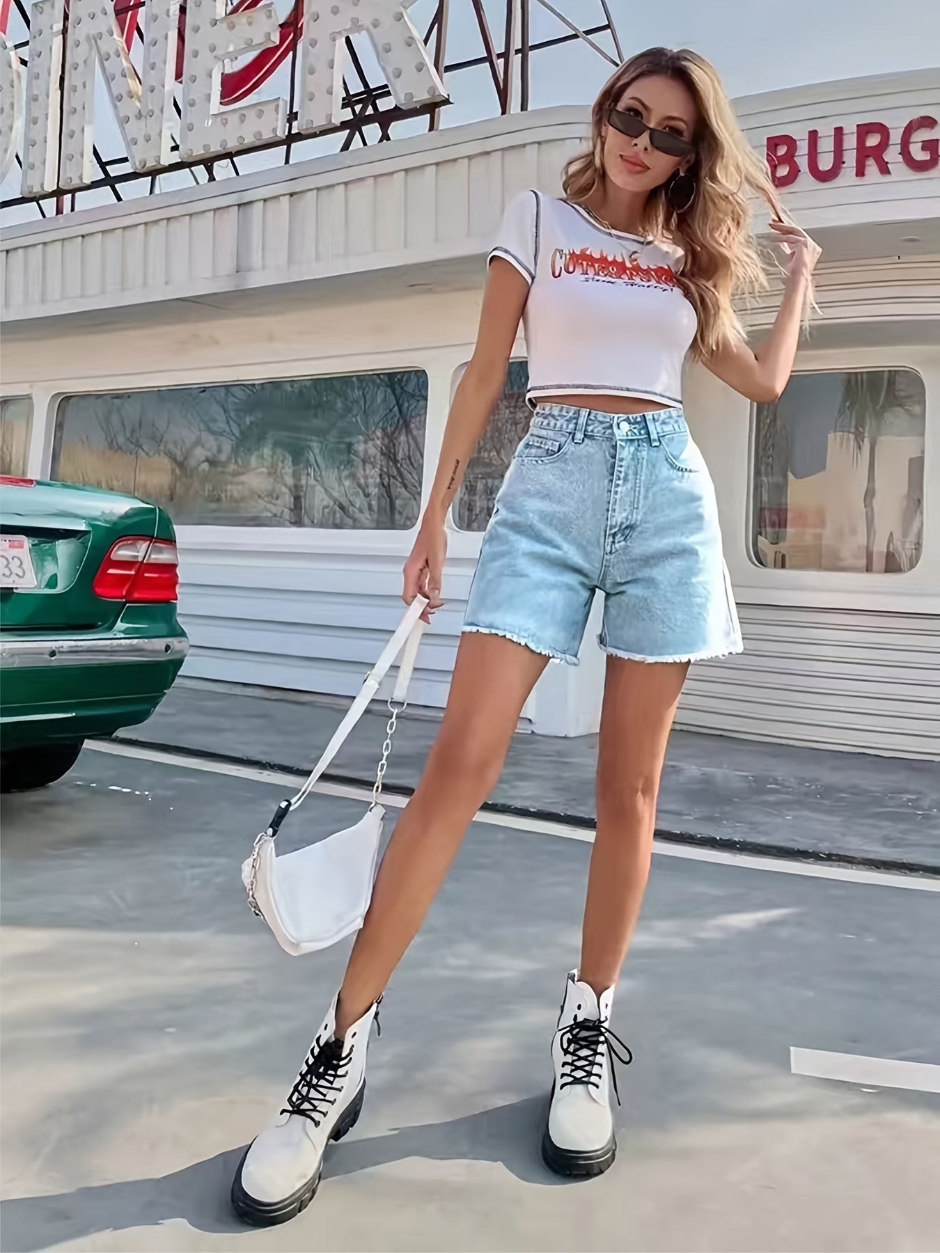 Lotte | Washed denim shorts with a frayed hem and a loose fit